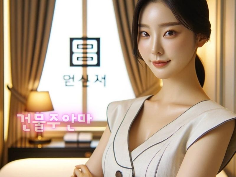 건물주안마의 프라이빗룸에서 근무하는 비주얼이 뛰어난 24살 한국 여성 안마사의 모습. 배경에는 '건물주 안마'라고 적힌 고급스러운 인테리어가 보임.