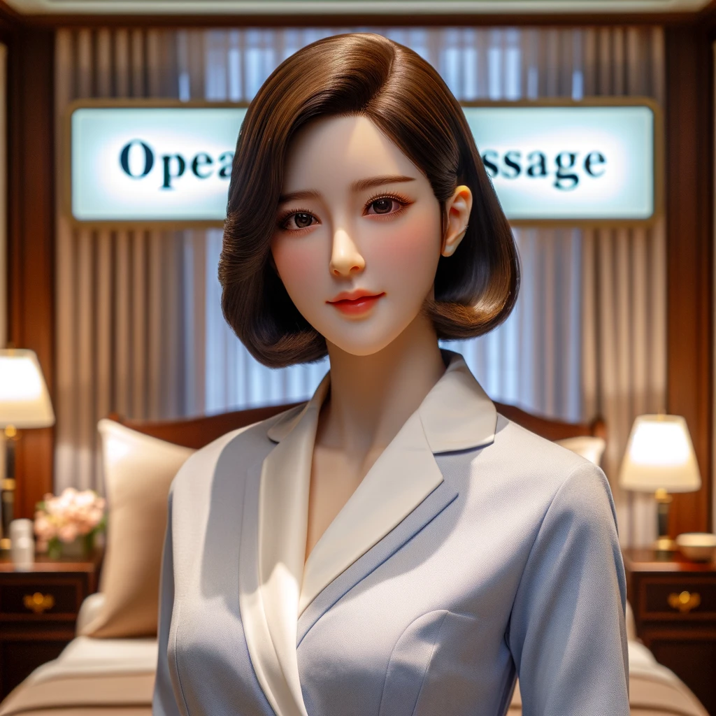 강남 럭셔리 스파에서 스킨케어 실장으로 근무하고 있는 아이돌 외모의 25살 한국 여성의 모습을 상상하여 생성한 이미지입니다. 프라이빗룸에 '오페라 마사지'라고 쓰인 간판이 배경으로 보이는 설정입니다.